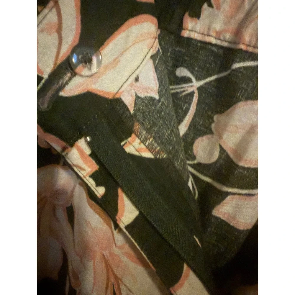 Mango MNG Floral Linen Blend Tapered Pants Green Peach XL High Waist Trousers